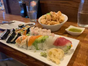 Scrumptious calamari and a Rainbow Roll at Katana Sushi in Everett, WA