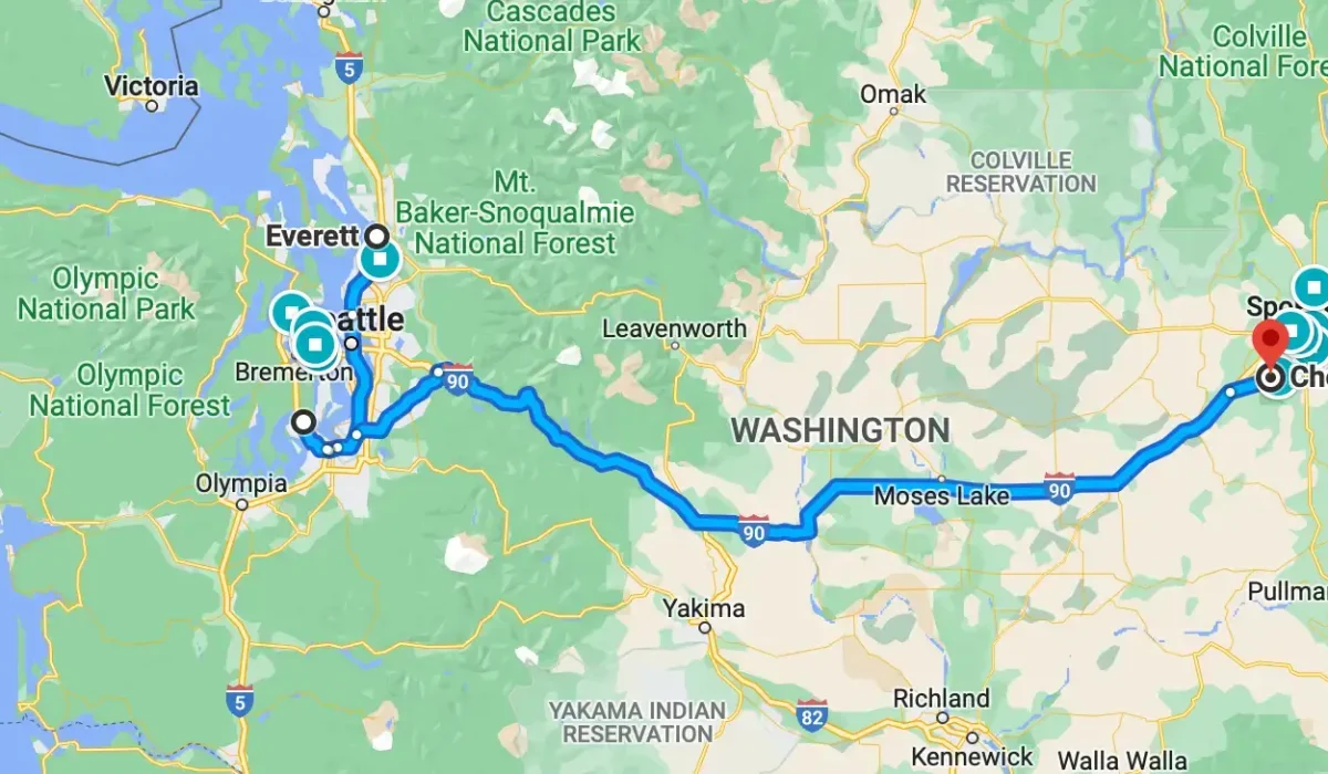 Route from Everett to Gig Harbor to Cheney