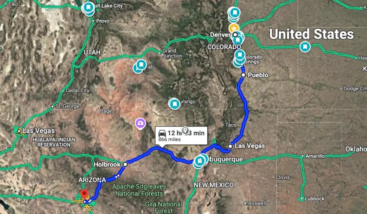My road trip route from Denver, CO to Phoenix, AZ